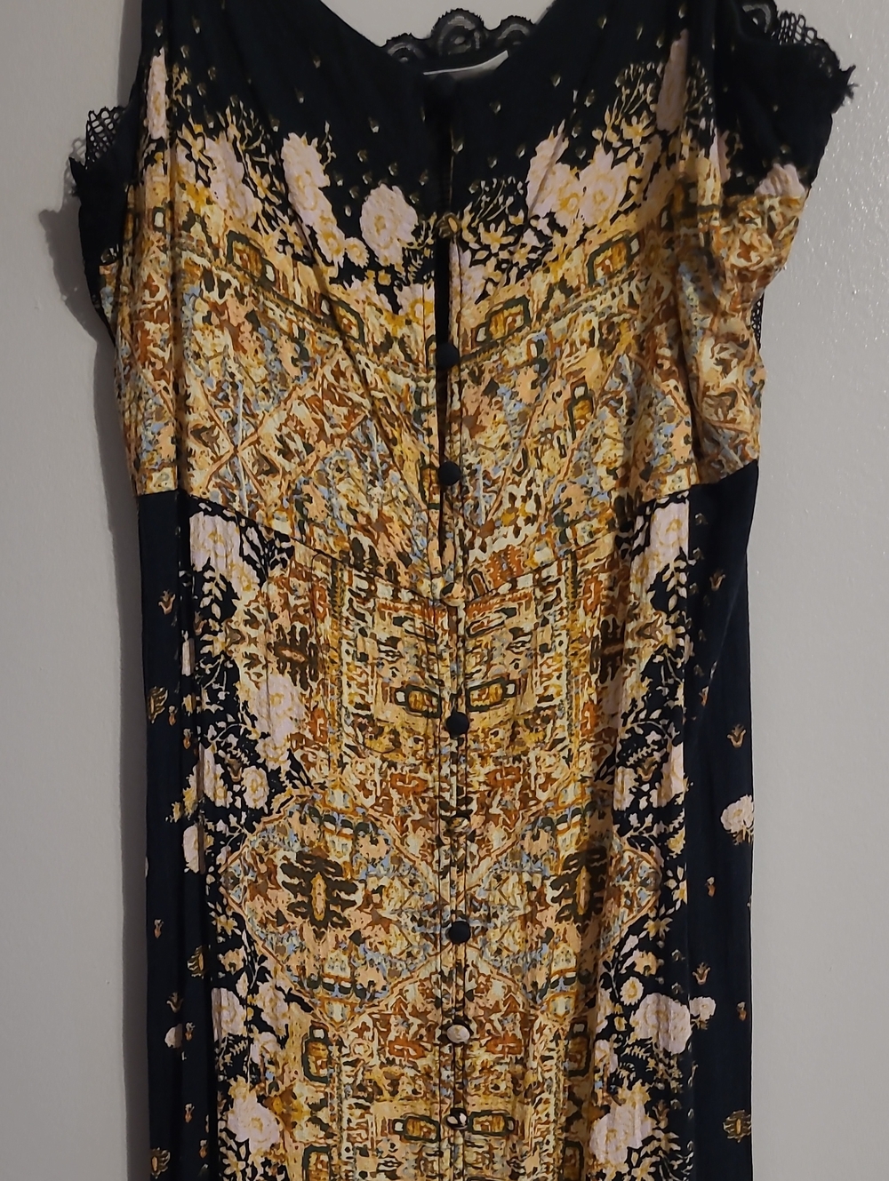 Intimately Free People Morning Song Black Printed Maxi Slip Dress Sz L Button-up - Picture 4 of 15